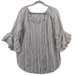 Cable & Gauge Striped Top XL White Draped Keyhole Tie Front‎ Bell Sleeve Hi Low